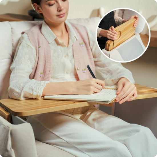 Woman using a wooden lap desk while sitting on a couch, with a close-up inset of the desk.