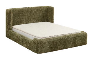 Green upholstered bed frame with white mattress on a white background