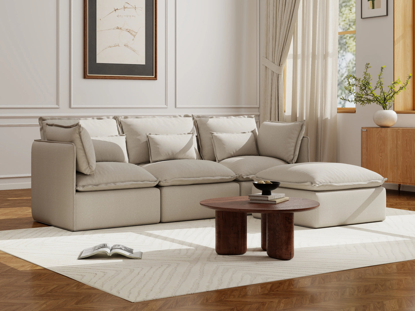Lifely Modular 3 Seater Sofa Ottoman - Linen Beige