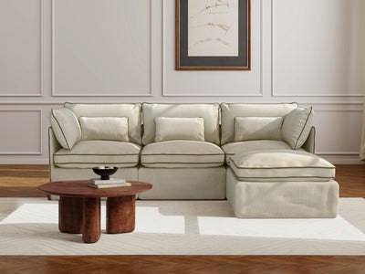 3 Seater / Sofa + Ottoman / Cream With Brown Piping