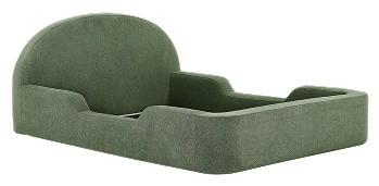 Green pet bed with curved design on a white background